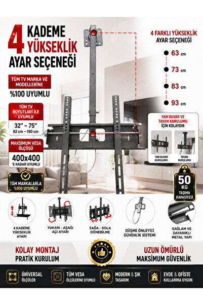bt bayır teknoloji TELESKOPİK TV TAVAN ASKI APARATI - 360 DERECE DÖNÜŞLÜ - 55...