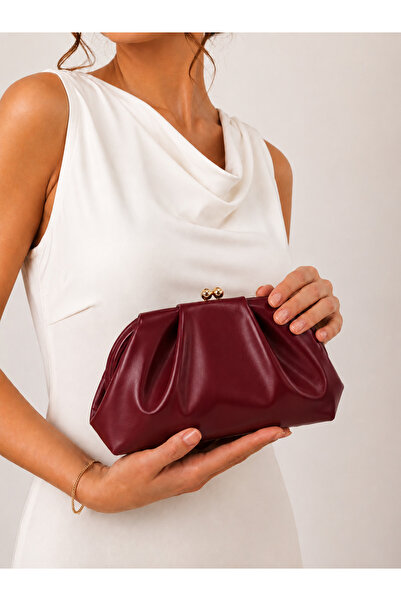 mossi Bordo Burslu Drapeli Zincirli Abiye Çanta Clutch Portföy Çanta