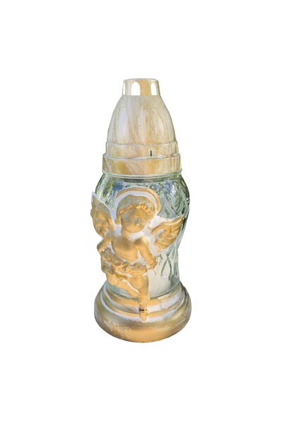 LCA Set 2 x Candela din Sticla cu Ingeras, Auriu cu Alb, 15 Ore
