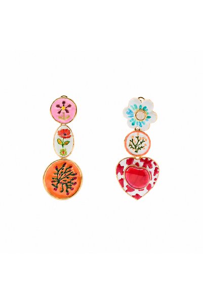 nergis collection Renkli Çiçek Figürlü Sallantılı Küpe – Kalp Detaylı Uzun Ka...