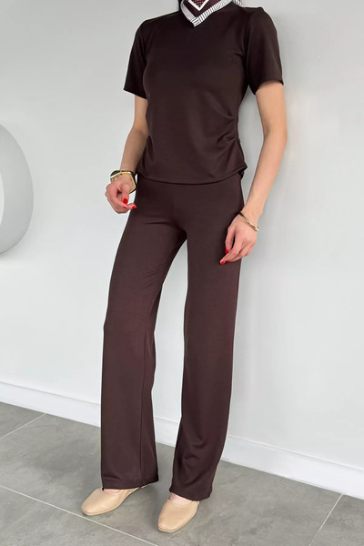 Aryena Brown Women's Side Gathered Blouse and Wide Leg Pants Two-Piece Set