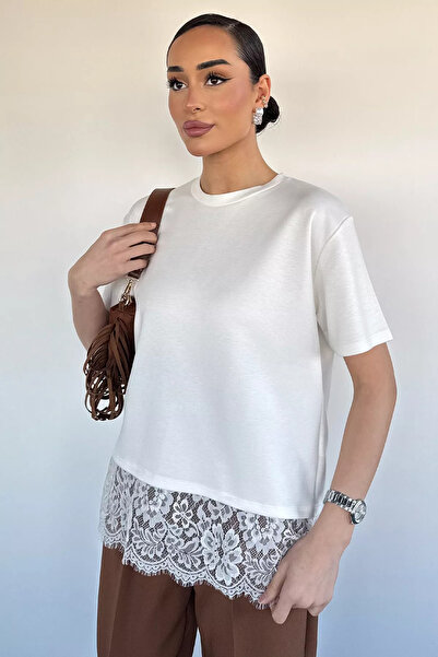 Aryena Cream Women's Crew Neck Lace Basic T-Shirt