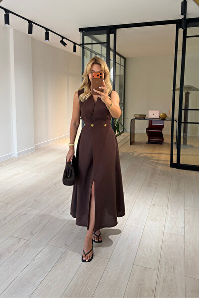 Sezgi Tekin Double-Breasted Collar, Elastic Waist, Brown Tencel Dress