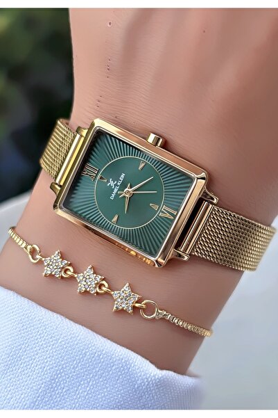 Daniel Klein Rectangular Gold-Green Color Women's Wristwatch with 3 Atm Water...