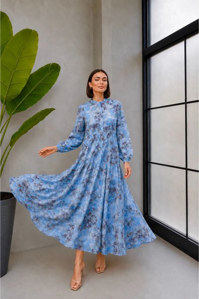 Moda Algan Önden Düğmeli Renkli Elbise MA10035 Mavi