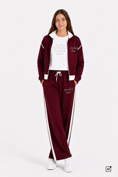 CansınMini Burgundy Girls' Stone-Embellished High-Neck Cardigan Wide Leg 3-Piece Top and Bottom Set 24744
