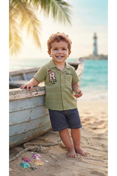 Sinem Çeyiz Nazar 23246 Boy's Khaki Linen Shirt Lycra Shorts Set