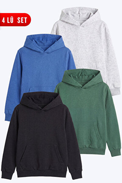 FYK KİDS Unisex Kids 4-Piece Basic Plain Kangaroo Pocket Hooded Sweatshirt