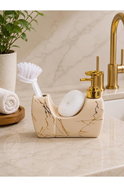 ALBETTO 342 Cream Marble Patterned Porcelain Liquid Soap Dispenser with Brush...