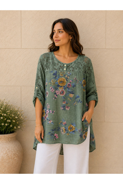 AGORATEKSTİL Women's Original Italian Short Front Long Back Lace Blouse 44-48