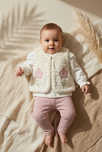 Babydonat Girl's Pink Floral Embroidered Plush Vest 3-Piece Set - Cotton Blou...