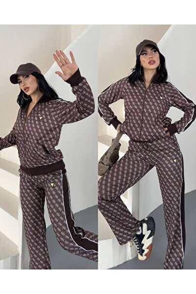mylunessa Set de trening maro cu model triunghiular, cu fermoar în față și mâ...