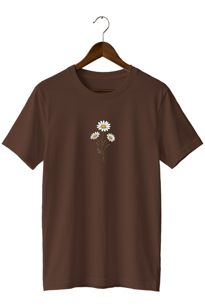 remonz Minimal Daisy Flower Printed Unisex T-Shirt Cotton Crew Neck Basic T-S...