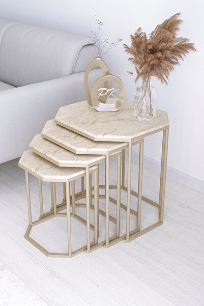 Puklife Hilal 4'lü Zigon Sehpa Bonje 19 Metal Ayak Traverten Mdf