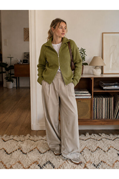 Retrobird Rosalie Oversize Polo Yaka Çift Fermuarlı Triko Hırka Kadın Haki