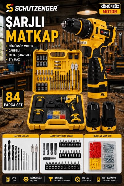 SCHUTZENGER F21 ŞARJLI ARMUT MATKAP DARBELİ KÖMÜRSÜZ MOTOR 21w 84 PARÇA ÇELİK...
