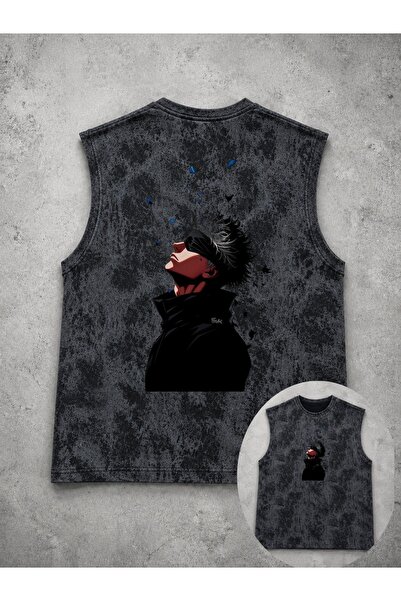classy moda Unisex Black Washed Tank Top with Anime Characters Printed on the...