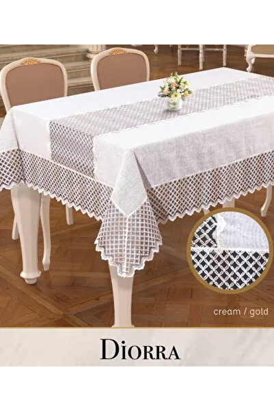 Ceki Home 160X260 cm Linen Diorra Model Cream-Gold Elegant Dining Tablecloth ...