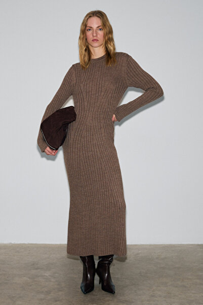 ETHIQUET Duende Women's Round Neck Line Patterned Slim Fit Knitwear Mink Dress
