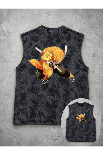 classy moda Unisex Black Washed Tank Top with Anime Characters Printed on the...