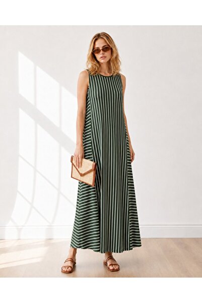 Olalook Women's Emerald Green Striped Long Loose Dress Elb-19001075