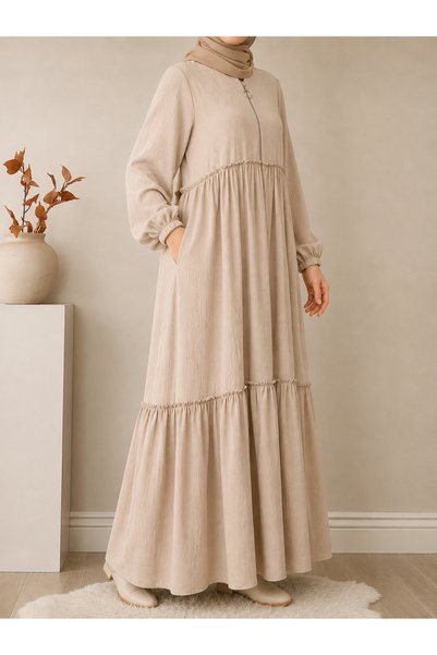 OKTAYUSTA COLLECTİON Double Layer Gathered Beige Mevlana Ferace