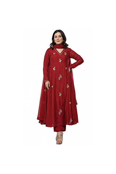 MYSMAR Red Chinon Salwar Kameez & Dupatta Set - ALV2094 | Red-Size:2XL-44-Inches