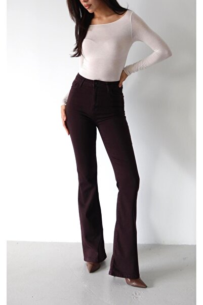 Moda Days Pantaloni de damă, roșu claret, cu talie înaltă, croială slim, tip ...