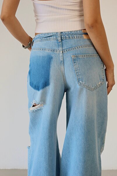 Moda Days Women's Light Blue Lasered Baggy Jean Trousers High Waist Laser Cut...