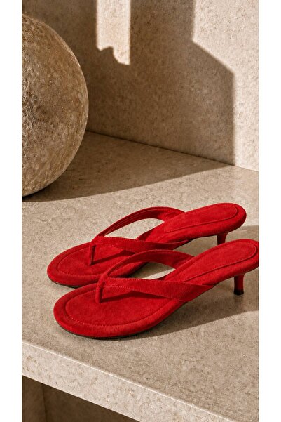 İncimoda Red Suede Flip-Flop Heeled Slippers Orthopedic Women's Sandals 5cm Heel