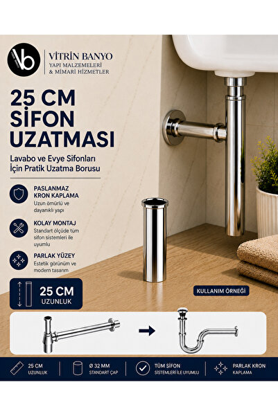 vb vitrinbanyo 25 CM Sifon Uzatma Borusu Ø32 mm Parlak Krom Lavabo ve Evye Si...
