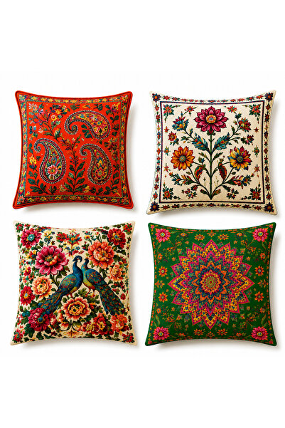 ayshome textile Ays Home Etnik Çiçek Desenli ÇİFT TARAFLI 4'Lü Kırlent Kılıfı Seti