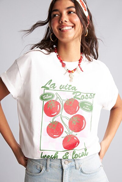 DeFacto Oversize Crew Neck Tomato Print Curled Sleeve T-Shirt I5326Ax26Hs