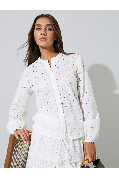 Styli Off-White Eyelet Tie-Up Detail Long Sleeve Blouse