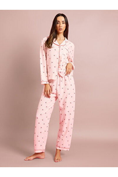Styli Pink Checked Cherry Print Long Sleeves Shirt and Pants Pyjama Set