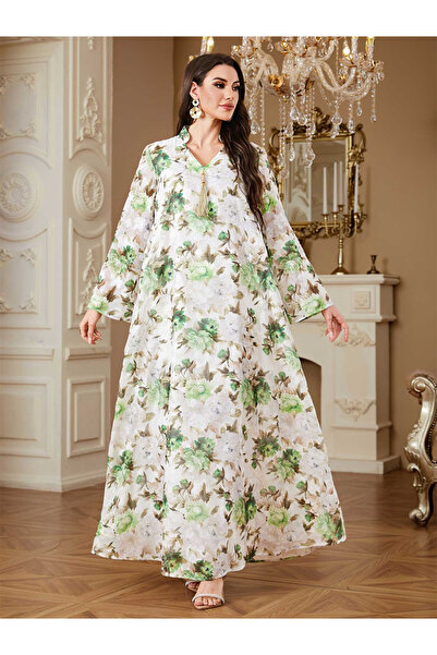 Take Two By Styli Green Floral Print Tassel Detail Maxi Jalabiya