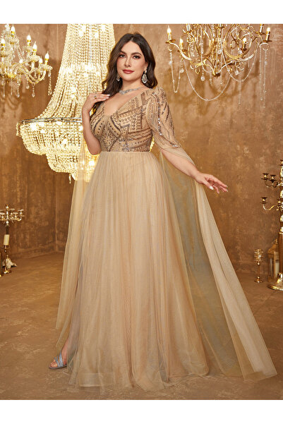SUPGIR Plus Size Gold Cape Sleeves Tulle Embellished A-Line Maxi Dress