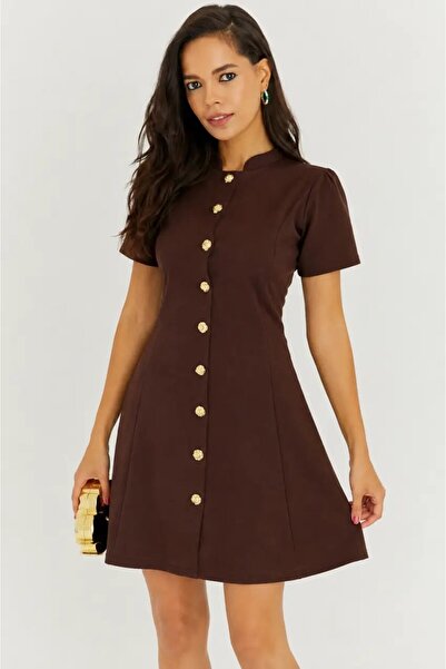Cool & Sexy Women's Brown Button Detail Mini Dress