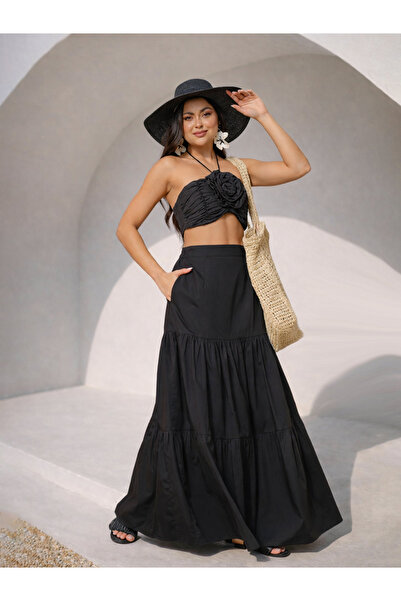 Sassafras By Styli Black Front Corsage Crop Top and Tiered Skirt Set