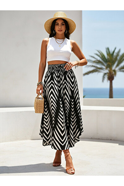 Take Two By Styli Black and White Chevron Print High Waist Midi Skirt