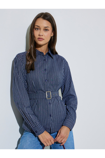Styli Blue Striped Long Sleeves Belted Shirt