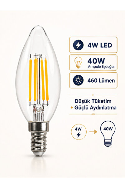 E14 Duylu 4W LED Filament Mum Ampul Şeffaf Cam 3000K Sıcak Beyaz 460 Lümen