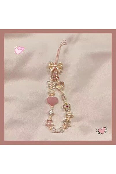 Choice Plastic Pink Sweet Girl Pink White Bow Heart Phone Charm, Beaded Butte...