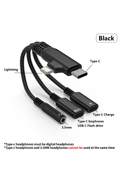 Choice1 Black USB C and Lightning to 3.5mm Jack Aux Audio Headphone Adapter w...
