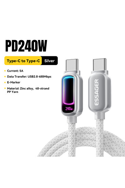 Choice4 1m Silver 240W Essager 240W USB C to USB C Cable 100W PD3.1 Fast Char...
