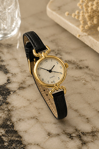 GANYMET Boffy Women's Wristwatch Black Leather Band Gold Case Minimal Vintage...