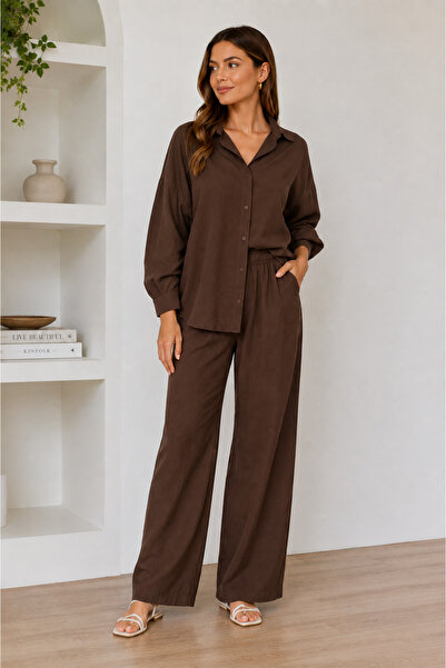 Nuevo Women's Brown Suit Shirt with Elastic Waist and Wide Leg Pants Two-Piec...