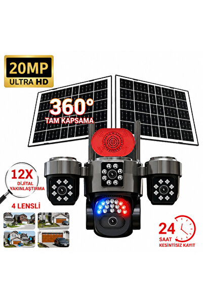 qasul 4G SIM Kartlı Solar Güvenlik Kamerası 20MP 4 Lens 360° PTZ 12X Dijital Zoom Çift Güneş Panelli Gece Görüşlü