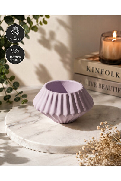Dekoratif Taş Tozu Mumluk Vazo – Modern Minimalist Kabartmalı Tasarım – El Yapımı Dekorasyon Objesi