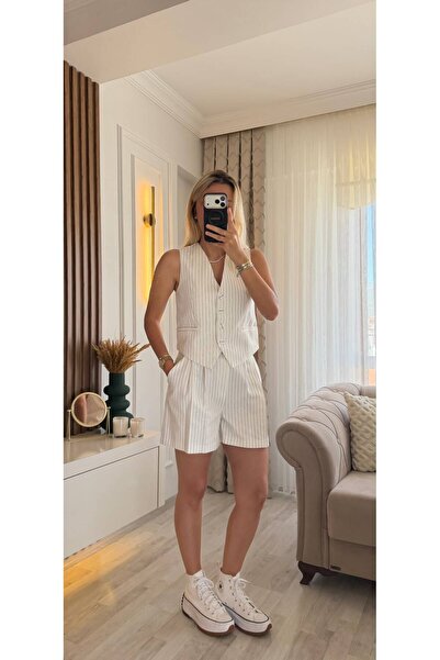 Hiloş Boutique Striped Vest and Shorts Two-Piece Set - Cream / Ecru